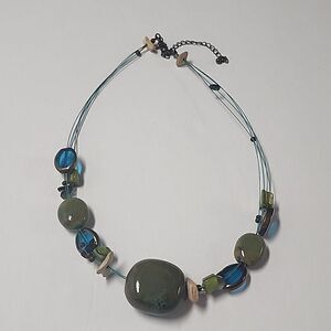 Premier Designs Ocean Girls Retired Necklace Ceramic Glass Green & Blue 16"-19"